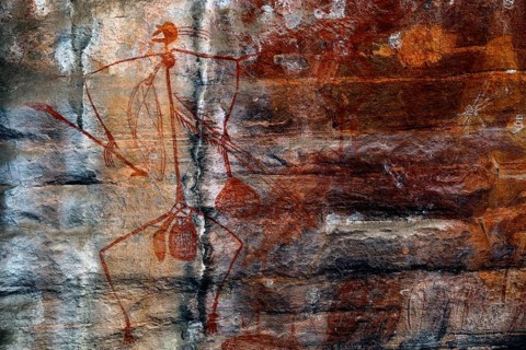 Rock painting of a stylized man on a rock in Ubirr, Ubirr, Northern Territory, Australia