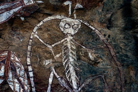 Traditional Aboriginal rock painting of an anthropomorphic being, Nourlangie, Northern Territory,