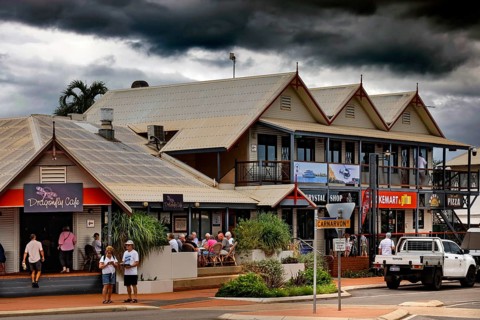 Lively street scene with shops and people on Carnarvon Street, Broome, Western Australia, Australia