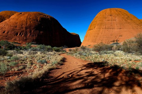 Extensive desert landscape with distinctive red rocks, Kata Tjuta, Northern Territory, Australia