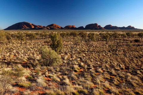 View of the Olgas from afar across an arid plain, Kata Tjuta, Northern Territory, Australia