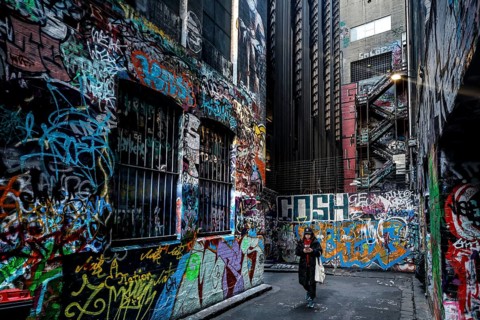 Colourful graffiti adorns the walls of Rutledge Lane in a colorful alley, Melbourne, Victoria,
