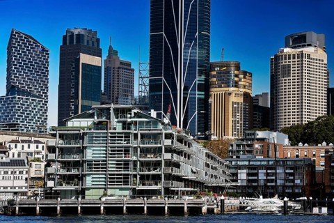 Modern buildings and skyscrapers at Walsh Bay in Sydney right on the waterfront, Sydney, NSW,