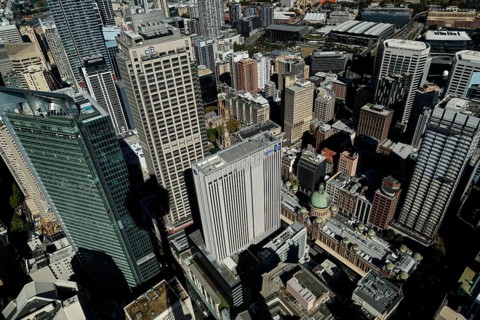 Southern view of downtown skybuildings from Sydney Skytower, Sydney, NSW, Australia