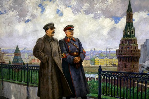 Painting depicting Stalin with another, historical setting against an architectural backdrop,