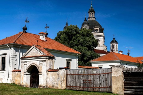 Historic Pažaislis monastery in Kaunas with baroque architecture under blue sky, Kaunas, Lithuania