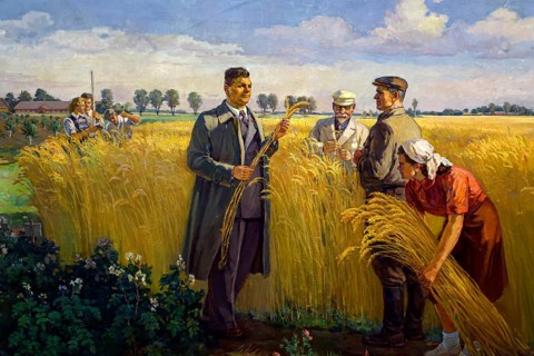 Painting depicts farmers working in wheat fields, Druskininkai, Grutas, Lithuania