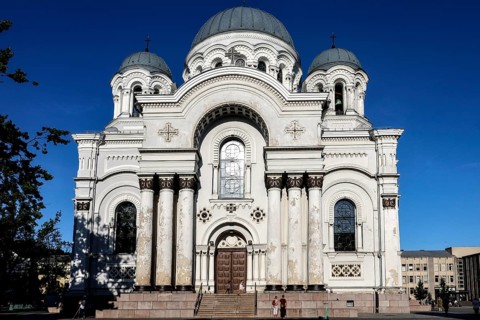 Magnificent church of Archangel Michael against a clear sky, Kaunas, LT
