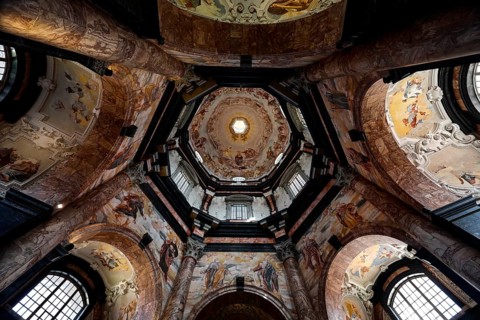 Baroque interior view of Pažaislis monastery in Kaunas with richly decorated frescoes, Kaunas,