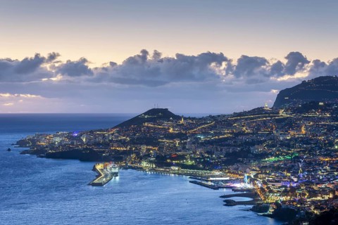 Dusk, Atlantic Ocean, harbour with cruise ships, Funchal, Madeira, Portugal