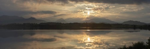 Sunset panorama, Hopfensee, Hopfen am See, near Füssen, Ostallgäu, Allgäu, Bavaria, Germany
