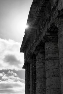 Elymian Doric Temple, ruin, monochrome, sunbeams, ancient city of Segesta, archaeological site,