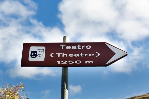Theatre sign, road sign, ancient city of Segesta, archaeological site, Calatafimi, Trapani