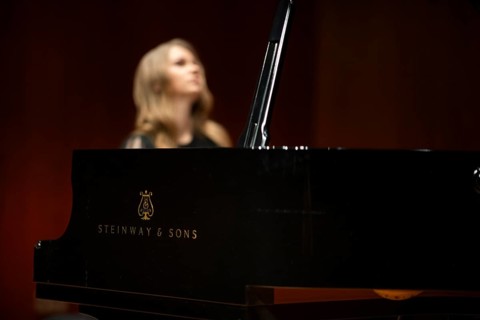 Young woman, pianist playing on a Steinway & Sons grand piano, Stuttgart, Baden-Württemberg,