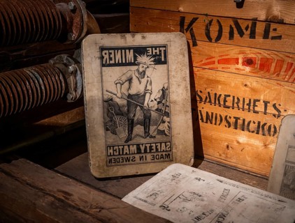 Printing plate for advertising poster and old wooden box, Tändsticksmuseet match museum or match