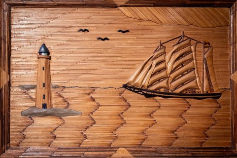 Lighthouse, sea and sailing ship, picture made of matches, Tändsticksmuseet matchstick museum or