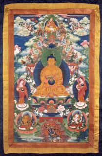 Der Medizin-Buddha (Bhai?ajyaguru) und Tsongkhapa (1357–1419). Temperamalerei eines tibetischen