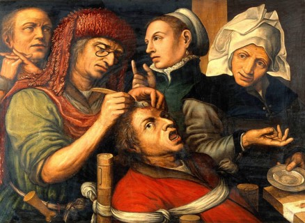 Operation, Chirurgie, Entfernung eines Steins im Kopf. Ölgemälde eines Schülers von Jan Sanders van