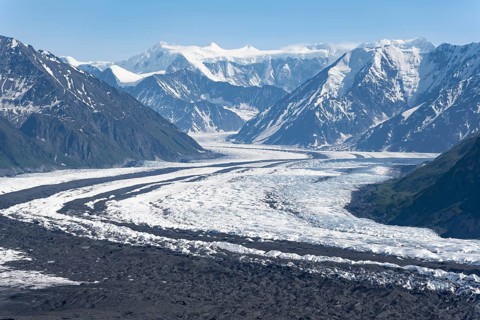 View of impressive mountain landscape with Matanuska glacier and glaciated mountain peaks, Lion's