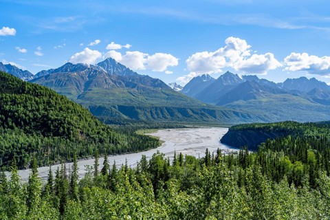 View of impressive mountain landscape with Matanuska River, Lion's Head, Chugach Mountains, Alaska,