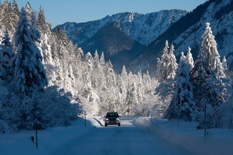 Winter landscape, spruces, mountains, road, car, snow, Alpine foothills, Oberbayern,