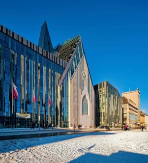 University of Leipzig, lecture hall building and Paulinum on Augustusplatz in winter with snow,