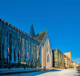 University of Leipzig, lecture hall building and Paulinum on Augustusplatz in winter with snow,