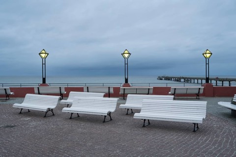 Kurplatz am spa hotel, in the back the pier and Baltic Sea, twilight, Binz, seaside resort, Rügen
