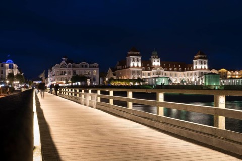Spa hotel, pier and Baltic Sea, illuminated, night view, Binz, seaside resort, Rügen island,