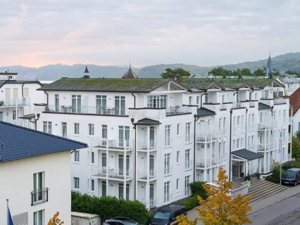 Sunrise over the apartment building, view from above, Binz, seaside resort, Rügen island,