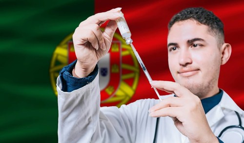 Doctor holding syringe on Portugal flag background. Medical professional holding syringe with