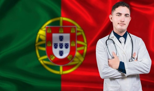 Portrait of medical professional on Portugal flag background. Portuguese national health system