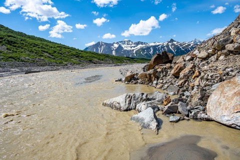 Miller Creek meltwater flow at Castner Glacier, Delta Range, Alaska Range, Richardson Highway,