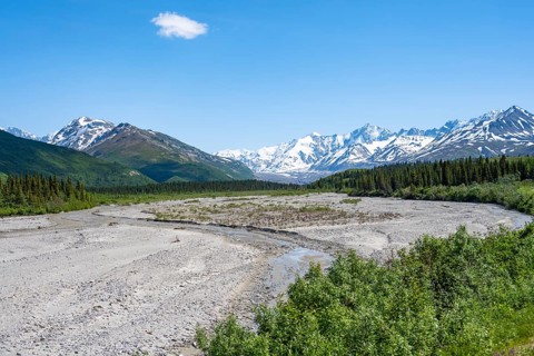 Mountain peak with snow and river, Alaska Range, Richardson Highway, Alaska, USA
