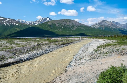 Alaska Pipeline Oil Pipeline, Mountainous Landscape and Delta River, Alaska Range, Richardson
