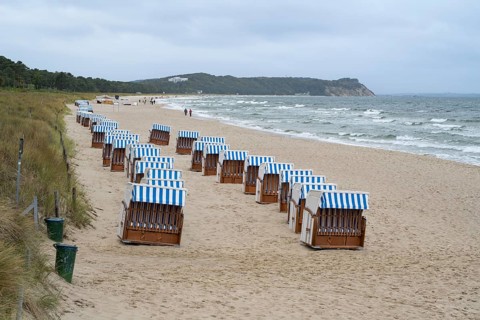 Beach chairs on a sandy beach, Baltic resort Göhren, Rügen Island, Mecklenburg-Western Pomerania,