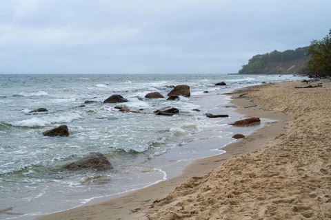 Boulders and waves on the coast, sandy beach, Nordperd, Baltic resort Göhren, Baltic Sea, Rügen