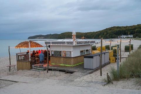Illuminated beach bar, dusk, Binz, seaside resort, Rügen island, Baltic Sea, Mecklenburg-Western