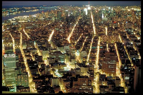 View from the World Trade Center, uptown at night, September 1986, New York City, USA