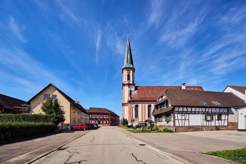St. James church, church tower, Grafenhausen town hall, residential building, commercial building,