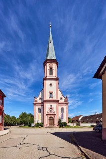 St. James church, church tower, general architecture, street, trees, blue sky, cirrus clouds,
