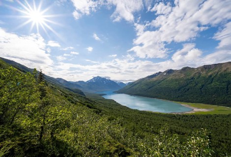 View of blue lake and mountains on Twin Peaks Trail, Sun Star, Eklutna Lake, Chugach Mountains,