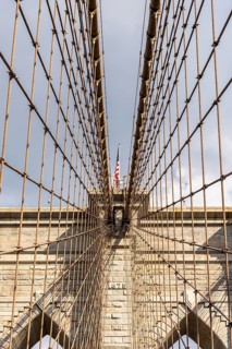 Brooklyn Bridge tower and cables, Brooklyn Bridge, New York, USA