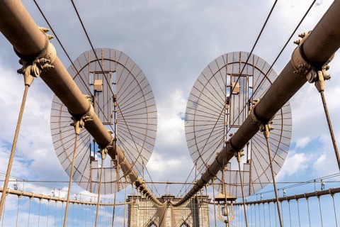 Brooklyn Bridge tower and cables, Brooklyn Bridge, New York, USA