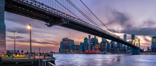 Brooklyn Bridge and Manhattan skyline at sunset, Old Pier 1, Brooklyn Bridge Park, Brooklyn, New