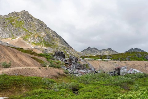 Mill, Crumbling buildings of the former Gold Mine Independence Mine in mountainous landscape,