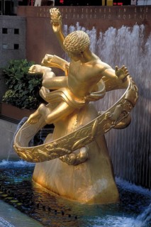Gold-colored Prometheus statue in Rockefeller Center, New York City, USA