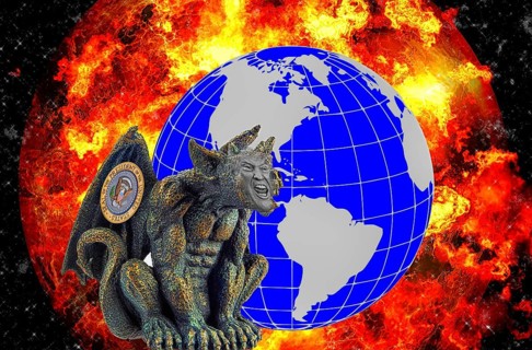 Symbolic image, Trump as a world demon, Europe and EU, South America, Venezuela, Canada, Greenland,
