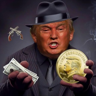 Symbolic image, Trump as mafia godfather, sells and cheats, earns obscene billions, violence,