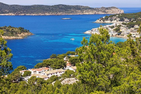 Scenics view of a coastal village on the coast at Mediterranean Sea, Sant Elm, Mallorca, Spain